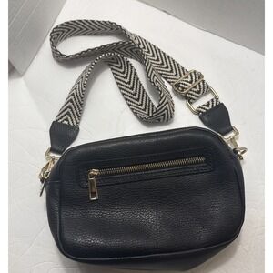 Black Crossbody Purse-Genuine Leather-Black & White Chevron/Guitar Strap-Zippers